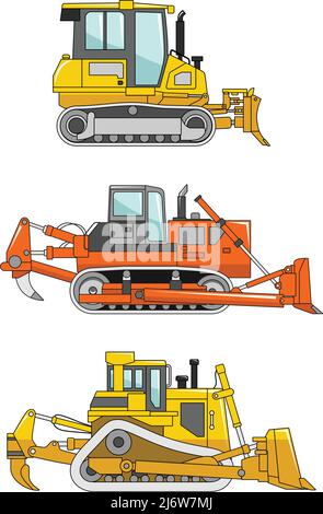Detailed illustration of dozers, heavy equipment and machinery in a flat style. Stock Vector