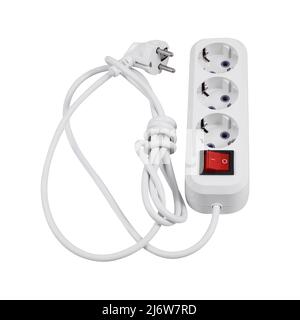 White electrical extension cord with red button to three sockets isolated on white background Stock Photo