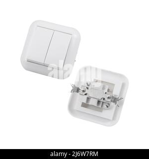 Built-in light switch with 2 keys isolated on a white background. Photograph of the switch front and back. Stock Photo