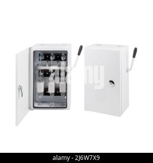 Electrical enclosure with knife switch isolated on white background. Stock Photo