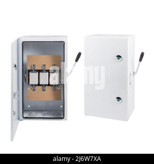Electrical enclosure with a knife switch isolated on a white background. 2 angles with open and closed door. Stock Photo