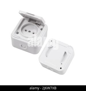 Protected socket with a cover and grounding isolated on a white background. Two angles: front and back. Stock Photo