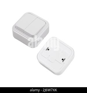 Two-gang overhead light switch isolated on a white background. Photograph of the switch front and back. Stock Photo
