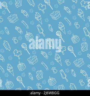 Seamless pattern with candies and sweets. Yummy colorful creamy cupcake, candy and ice cream with white outline on a blue background Stock Vector