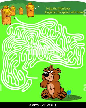 Vector illustration with puzzle, labyrinth. Help the little bear to get to the apiary with honey Stock Vector