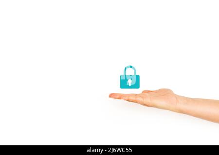 Woman hand showing a padlock icon on a white background with copy space Stock Photo