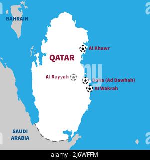 Middle Eastern football 2022. 22nd FIFA World Cup in Qatar. Final part with Qatar map silhouette. This country will host World Cup for first time in i Stock Vector