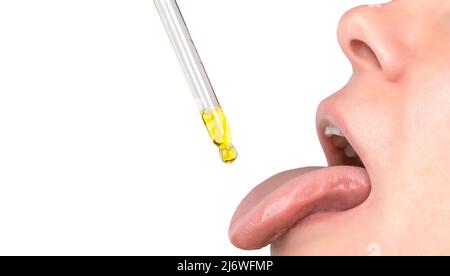 tongue oil pipette. herbal alternative medicine and dietary supplements woman taking oil drops in mouth from dropper. medical oil Stock Photo