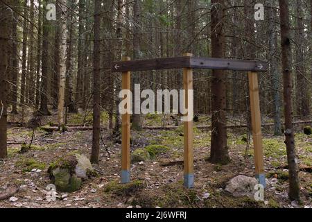 Blank wooden sign in a forest with arrows pointing two ways, crossroads in hiking trail. Finland. Stock Photo