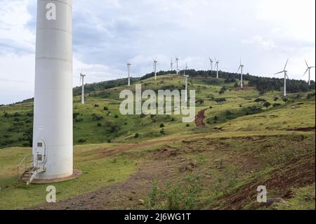 KENYA, Nairobi, Ngong Hills, 25,5 MW Wind Power Station with Gamesa wind turbines, owned and operated by KENGEN Kenya Electricity Generating Company, Gamesa ist part of company Siemens Gamesa Renewable Energy / KENIA, Ngong Hills Windpark, Betreiber KenGen Kenya Electricity Generating Company mit Gamesa Windkraftanlagen Stock Photo