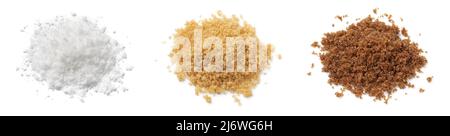 Heap of soft dark brown, light brown and white sugar close up isolated on white background Stock Photo