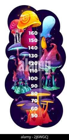 Fantastic magic mushrooms, kids height chart ruler, vector growth measure meter. Kids growth chart or baby tall scale with cartoon fairy luminous mushrooms and magic glowing toadstools Stock Vector