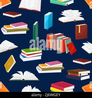 Bestsellers books textbooks pile or stack seamless pattern. Cartoon vector background with closed and open dictionaries with colorful covers and bookmarks. School or library books graphic backdrop Stock Vector