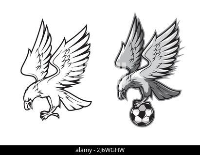 Eagle mascot with soccer football ball. Vector eagle, hawk or falcon bird holding soccer ball with claws and talons, sport club or team cartoon mascot with heraldic animal or bird of prey Stock Vector
