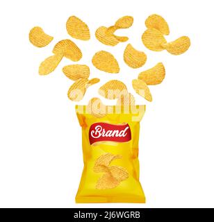 Crispy ripple potato chips flying into pack, vector realistic snacks package. Ripple potato chips splash of falling into pack, baked potato chips with ribbed crunchy crisps Stock Vector