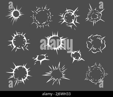 Cartoon spark and explosion effect set. Vector comic boom blast clouds, exploded bomb fire burst energy and bang crash power with smoke, dust and air speed motion trails, comics book explosion effects Stock Vector