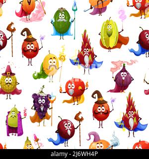Cartoon fruit wizards, mages and warlocks seamless pattern. Vector lychee, durian, dragon or star fruit and melon. Plum, guava, grapes and pear, feijoa and mandarin magicians with magic wand and staff Stock Vector