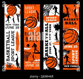 Basketball sport grunge banners with players and ball, vector halftone orange backgrounds. Basketball league tournament or streetball team game championship banners with player silhouettes Stock Vector