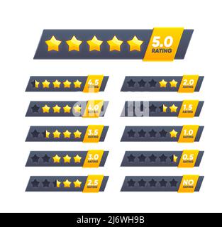 Five golden star review rate, customer feedback and quality ranking, vector 5 golden stars. Review rate or rating mark of evaluation level, rank stars, opinion and evaluation buttons on row bar Stock Vector
