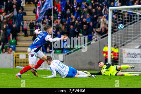 Linfield player Chris McKee celebrates scoring a goal versus Coleraine at Windsor Park, Belfast. Stock Photo