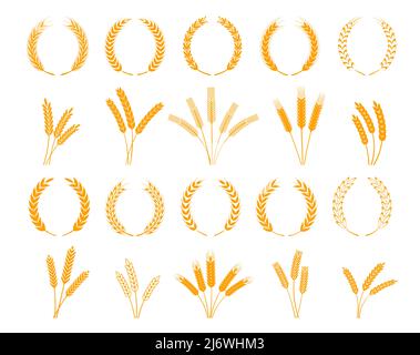 Laurel wreath, spikes of wheat, rye, barley cereal ears, vector, rice millet icons. Bread bakery yellow wheat stalks in heraldic laurel wreath for wheat grain food and farm agriculture Stock Vector