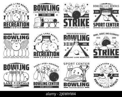 Bowling club icons, ball and pin strike sport tournament game center vector emblems. Bowling sport recreation and kids leisure activity, alley lanes and equipment rental, balls and skittle pins strike Stock Vector