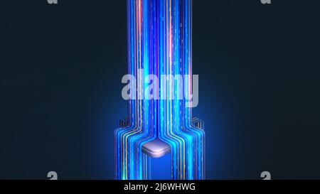 Quantum processor innovative concept of computing machines. 3D illustration of streaming data processed by CPU. Cyber high speed data Stock Photo