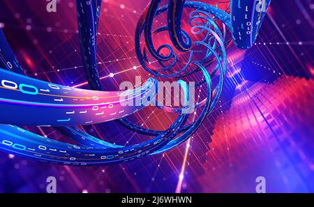 Streaming data of digital mega corporations. Cyber business and crypto analytics. 3D illustration of nano funnels generating structural software codes Stock Photo