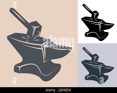 Hammer hits the anvil. Blacksmith craft, production of metal products. Monochrome vector isolated on white background Stock Vector