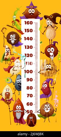 Cartoon nuts and beans wizards, mage characters kids height chart meter. Vector measure meter scale or stadiometer wall sticker, cute smiling peanut, walnut, hazelnut, almond and coconut personages Stock Vector