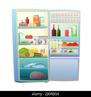 Fridge. Lots of food and prepared foods. Illustration is isolated on white background. Vector. Stock Vector