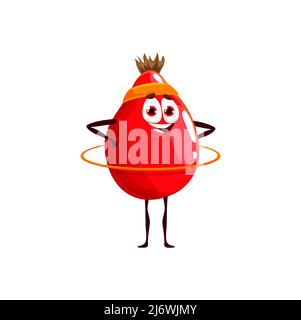Cartoon rosehip character with hoop. Vector funny berry sportsman wear headband doing sport exercises. Isolated food personage for kids menu, healthy lifestyle, sports recreation, organic nutrition Stock Vector