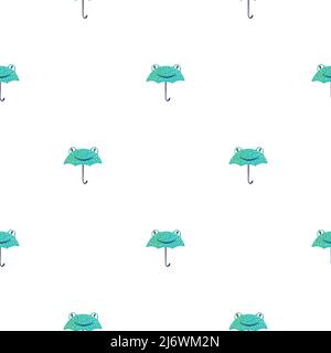Seamless pattern cute frog umbrella. Background of funny accessory shape head toad in doodle style. Repeated design texture for printing, fabric, wrap Stock Vector