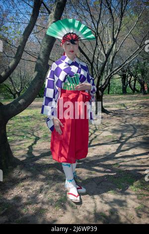 Members of the Japanese Folk Dance institute at the Sakura Matsuri celebration of cherry blossoms & the US Japanese friendship. In Queens, New York. Stock Photo