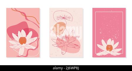 Set of templates with lily flower for invitations, advertisements or announcements. Pink floral wedding social media card design. Vector background. Stock Vector