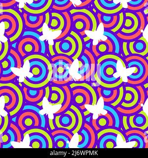 Colorful and bright rainbow circles and butterflies pattern. Seamless rainbow dots bsckground. Stock Vector