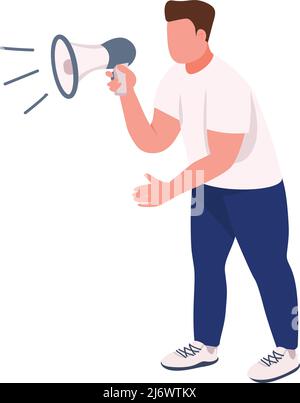 Athletic man shouting in megaphone semi flat color vector character Stock Vector
