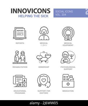Helping the sick - line design style icons set Stock Vector
