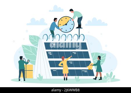 Daily organization in project calendar, event schedule for business people. Cartoon tiny busy managers organize work process and meetings flat vector illustration. Time management, service concept Stock Vector