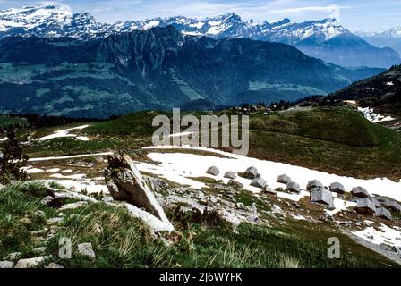 Les Diablerets is a village and ski resort located in the municipality of Ormont-Dessus in the canton of Vaud, Switzerland circa 1985 Stock Photo