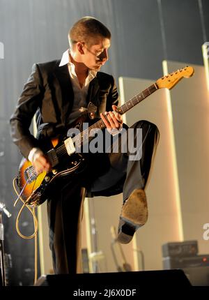 Alex Turner, lead singer of the Arctic Monkeys performs a hometown show at Sheffield Arena. Stock Photo