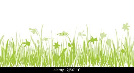 eps vector panorama seamless illustration for spring, easter time or nature concepts. Happy fresh background with green silhouette of grass and flower Stock Vector