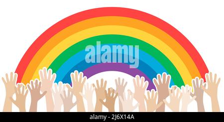 eps vector illustration showing rainbow colored background with many hands rising up Stock Vector