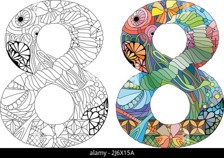 Eight number Isolated zentangle illustration for coloring. Color and outline set Stock Vector