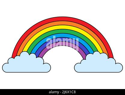 eps vector illustration showing wonderful colored rainbow with light blue clouds at the ends Stock Vector