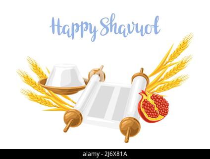 Happy Shavuot illustration. Holiday background with Jewish festival traditional symbols. Stock Vector