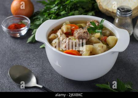 Pichelsteiner, German stew or thick soup with meat and vegetables in white bowl on gray background Stock Photo