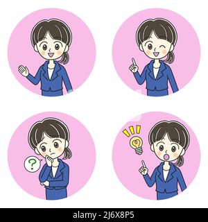 Four poses of a young woman in a blue suit on pink circles Stock Photo