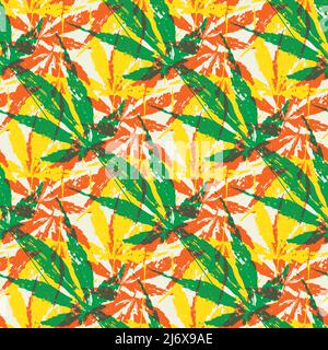 Boston ivy seamless vector pattern background. Red yellow green backdrop with blended leaf shapes. Painted grunge style brush stroke foliage botanical Stock Vector