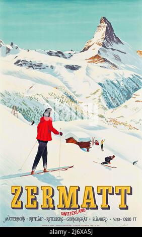 Vintage Zermatt ski skiing poster with Matterhorn behind 1930’s ...
